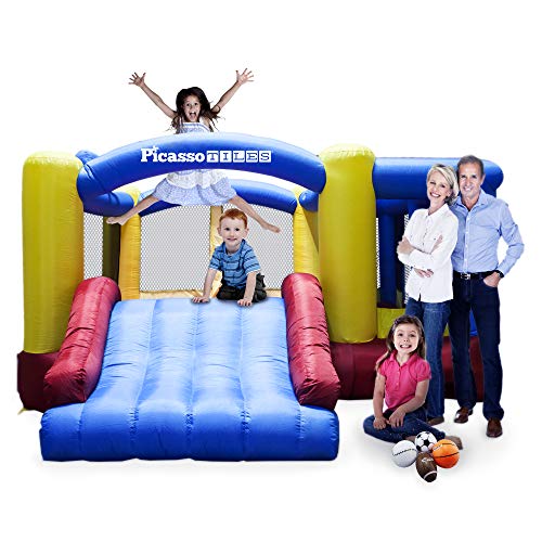 [Upgrade Version] Picasso Toys KC102 12x10 Foot Inflatable Bouncer Jumping Bouncing House, Jump Slide, Dunk Playhouse w/ Basketball Rim, 4 Sports Balls, Full-Size Entry, 580W ETL Certified Blower